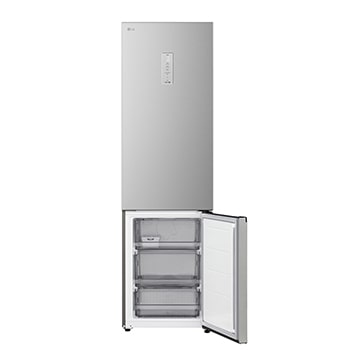 LG fridge freezer (GC-B509EMTM) shelf highlighted in blue with arrows up and down right image shows folded shelf holding two water bottles