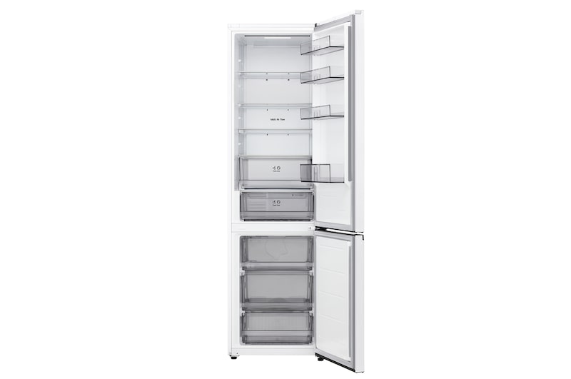 LG bottom freezer (GC-B509EQLM) full door open view showing fridge and freezer compartments