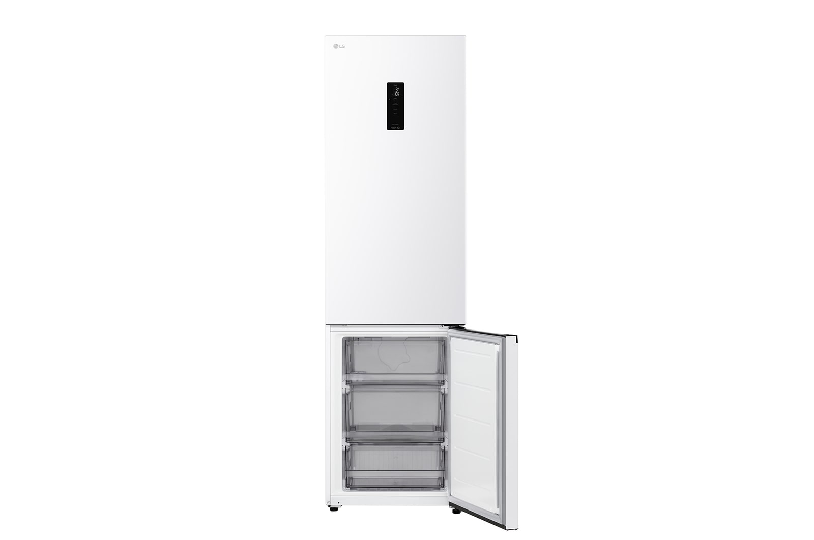 LG fridge freezer (GC-B509EQLM) shelf highlighted in blue with arrows up and down right image shows folded shelf holding two water bottles