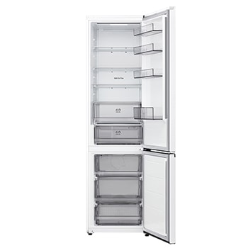 LG bottom freezer (GC-B509EQLM) full door open view showing fridge and freezer compartments