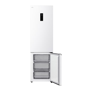LG fridge freezer (GC-B509EQLM) shelf highlighted in blue with arrows up and down right image shows folded shelf holding two water bottles