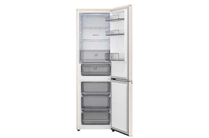 LG bottom freezer (GC-B459EELM) full door open view showing fridge and freezer compartments