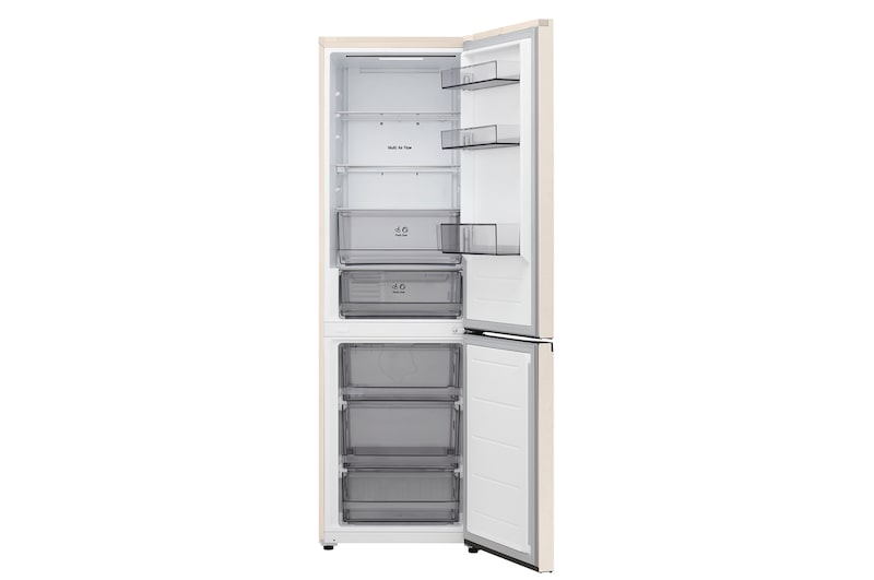 LG bottom freezer (GC-B459EELM) full door open view showing fridge and freezer compartments
