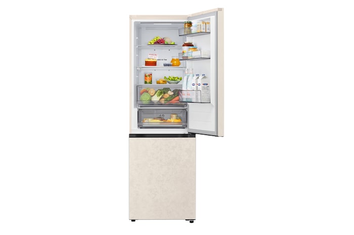 LG bottom freezer (GC-B459EELM) in living space with night city view overlaid with AI Saving Mode graphic and fluctuating energy chart