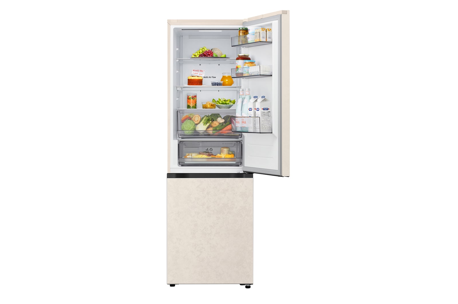 LG bottom freezer (GC-B459EELM) in living space with night city view overlaid with AI Saving Mode graphic and fluctuating energy chart