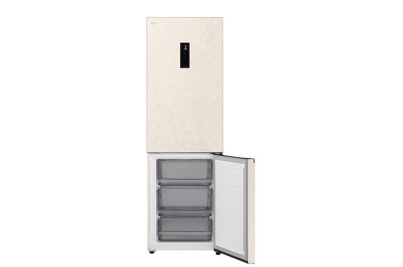 LG bottom freezer (GC-B459EELM) installed flush in tall warm beige wall with white arrows pointing to top side and front surfaces