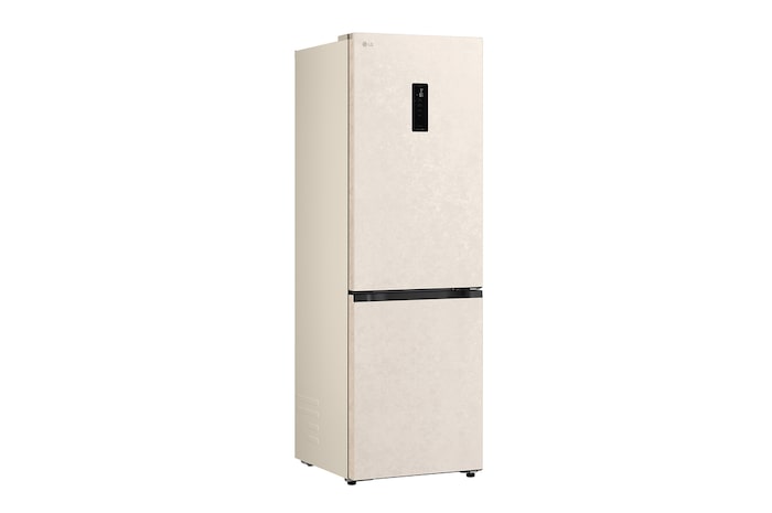LG fridge freezer (GC-B459EELM) shelf highlighted in blue with arrows up and down right image shows folded shelf holding two water bottles