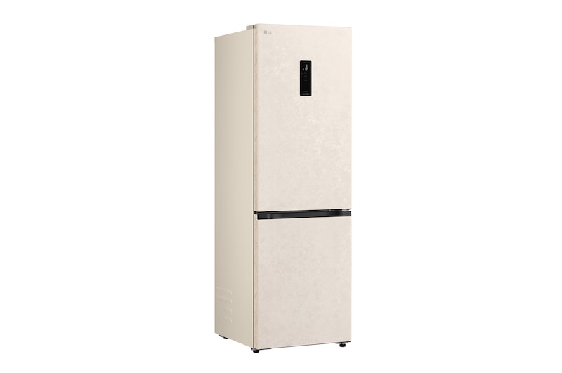LG fridge freezer (GC-B459EELM) shelf highlighted in blue with arrows up and down right image shows folded shelf holding two water bottles