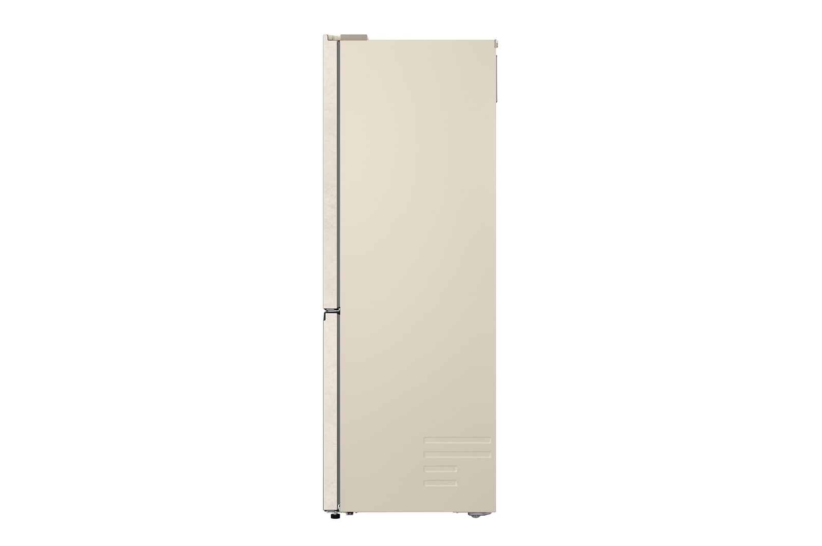 LG fridge freezer (GC-B459EELM) built into dark brown cabinetry with window and sofa on left and sink on right