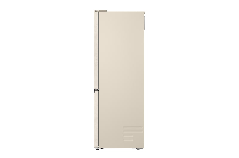 LG fridge freezer (GC-B459EELM) built into dark brown cabinetry with window and sofa on left and sink on right