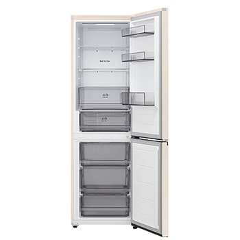 LG bottom freezer (GC-B459EELM) full door open view showing fridge and freezer compartments