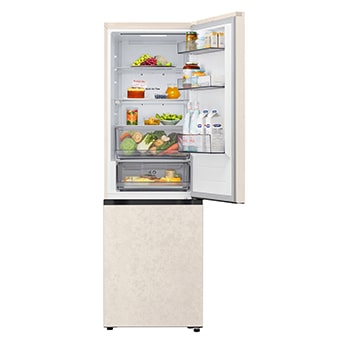 LG bottom freezer (GC-B459EELM) in living space with night city view overlaid with AI Saving Mode graphic and fluctuating energy chart
