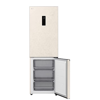 LG bottom freezer (GC-B459EELM) installed flush in tall warm beige wall with white arrows pointing to top side and front surfaces