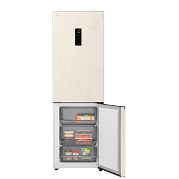 LG fridge freezer (GC-B459EELM) close up of wine rack holding four bottles and box of macarons with rack design magnified in circular image