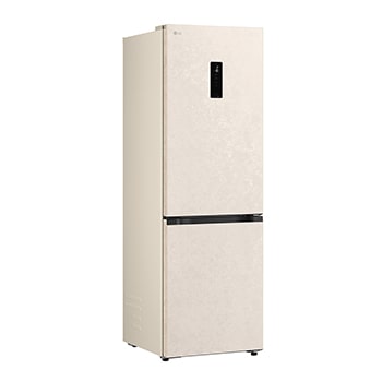 LG fridge freezer (GC-B459EELM) shelf highlighted in blue with arrows up and down right image shows folded shelf holding two water bottles