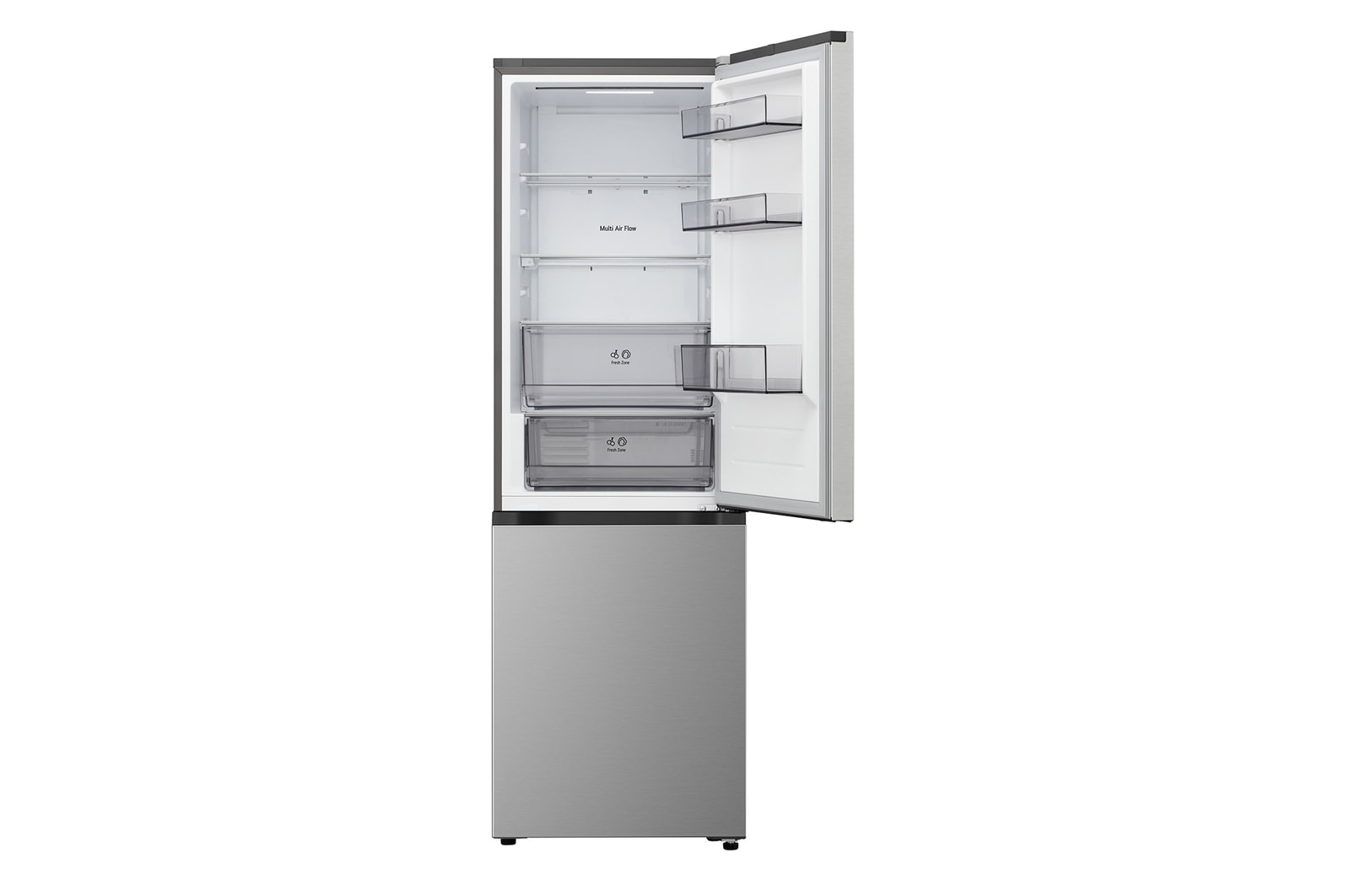 LG bottom freezer (GC-B459EMLM) in living space with night city view overlaid with AI Saving Mode graphic and fluctuating energy chart