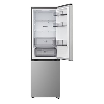 LG bottom freezer (GC-B459EMLM) in living space with night city view overlaid with AI Saving Mode graphic and fluctuating energy chart