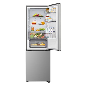 LG bottom freezer (GC-B459EMLM) installed flush in tall warm beige wall with white arrows pointing to top side and front surfaces