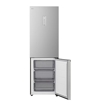 LG fridge freezer (GC-B459EMLM) close up of wine rack holding four bottles and box of macarons with rack design magnified in circular image