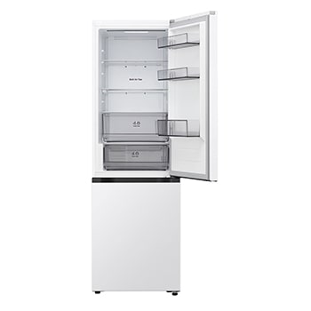 LG bottom freezer (GC-B459EQLM) in living space with night city view overlaid with AI Saving Mode graphic and fluctuating energy chart