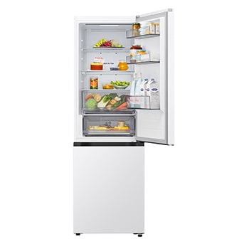 LG bottom freezer (GC-B459EQLM) installed flush in tall warm beige wall with white arrows pointing to top side and front surfaces