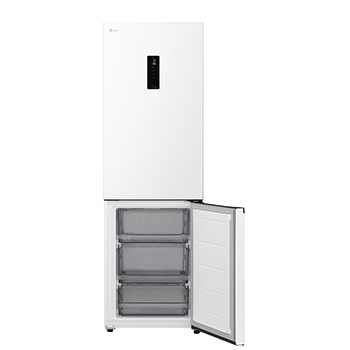 LG fridge freezer (GC-B459EQLM) close up of wine rack holding four bottles and box of macarons with rack design magnified in circular image