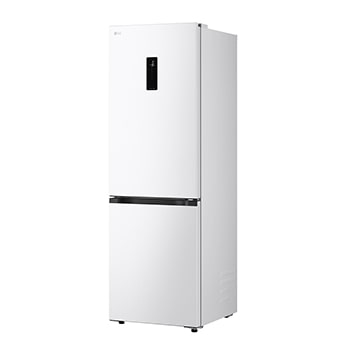 LG fridge freezer (GC-B459EQLM) shelf highlighted in blue with arrows up and down right image shows folded shelf holding two water bottles