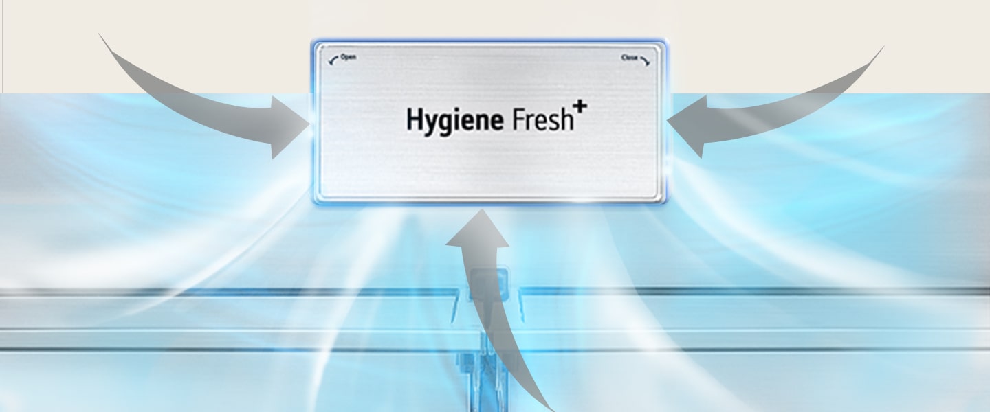 Выделенный текст «Hygiene Fresh+» с серой стрелкой, обозначающей неприятный запах, который всасывается с помощью Hygiene Fresh+. При этом чистый холодный воздух распространяется по всей камере.