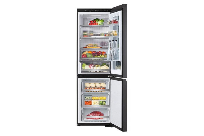 вид спереди открытого рефрижератора нижней морозильной камеры.