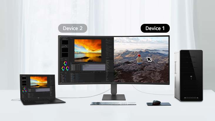 Изогнутый монитор LG UltraWide позволяет управлять несколькими устройствами с помощью одного монитора, клавиатуры и мыши через функцию Dual Controller (переключатель KVM), обеспечивая удобное многозадачное использование и легкий обмен файлами между двумя подключенными ПК.