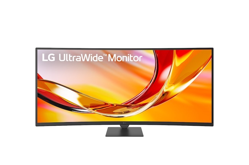 Вид спереди под углом на ультраширокий монитор (слева)