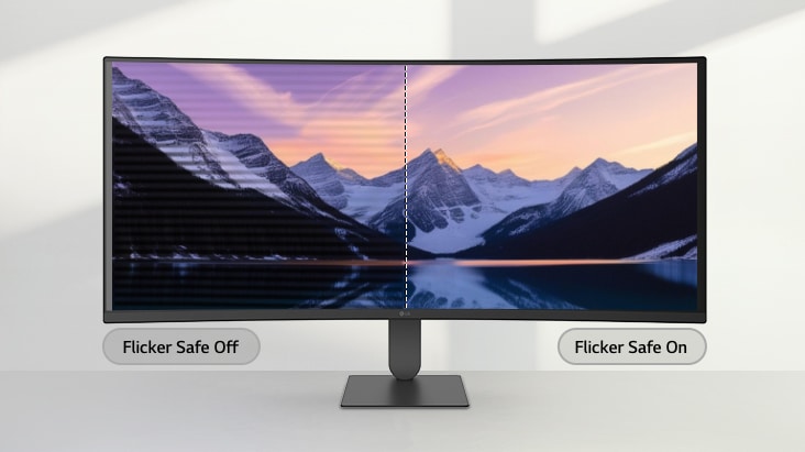 Ультраширокий монитор LG отображает изображение горного пейзажа на разделенном экране, при этом на левой стороне отображается мерцание экрана, а на правой – четкое изображение без мерцания