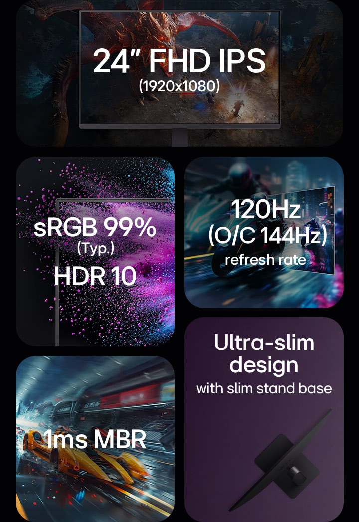 24-дюймовый FHD IPS 1920x1080, sRGB 99%, HDR 10, частота обновления 120 Гц, MRB 1 мс, ультратонкий дизайн