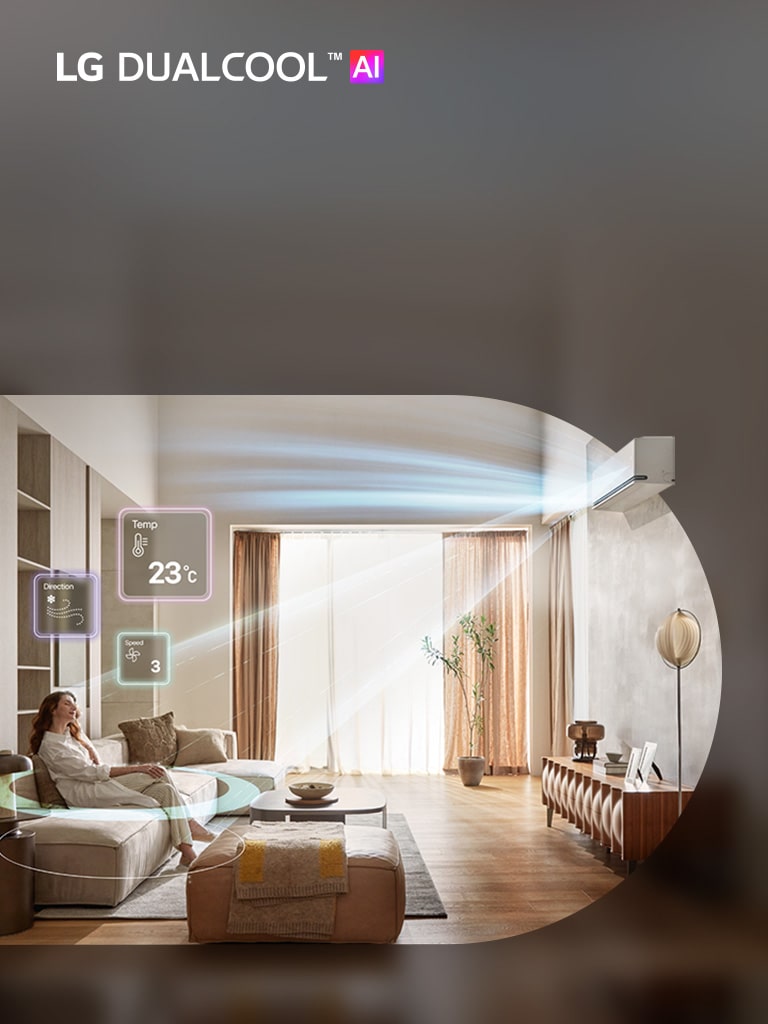 LG DUALCOOL AI air conditioner ad showing a woman on a sofa using the ThinQ app to manage energy.