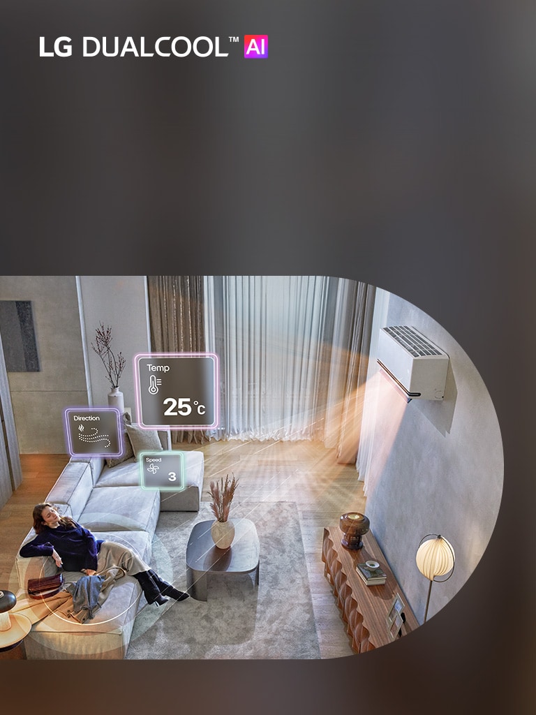 LG DUALCOOL AI ad showing an air conditioner cooling a room with a woman drinking water.