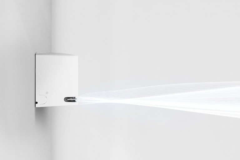Side view of an LG air conditioner emitting a steady stream of airflow across a clean white wall.
