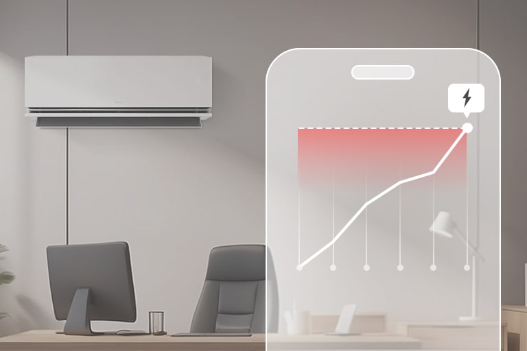 LG air conditioner in an office with a graphic overlay showing an energy consumption line graph.