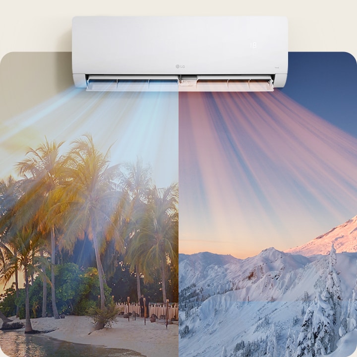 Изображение кондиционера, подающего холодный воздух с одной стороны и теплый воздух с другой, демонстрируя оба режима воздушного потока.