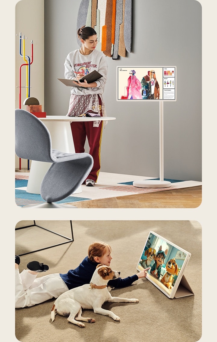 Две разные сцены в разных домах. На одном из экранов женщина рассматривает доски с модным искусством, записывая что-то в свой блокнот. На другом снимке девушка в сопровождении своей собаки смотрит передачу на LG StanbyME 2.