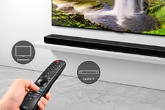 Изображение телевизора с саундбаром LG, демонстрирующее потоковое воспроизведение музыки в формате HD