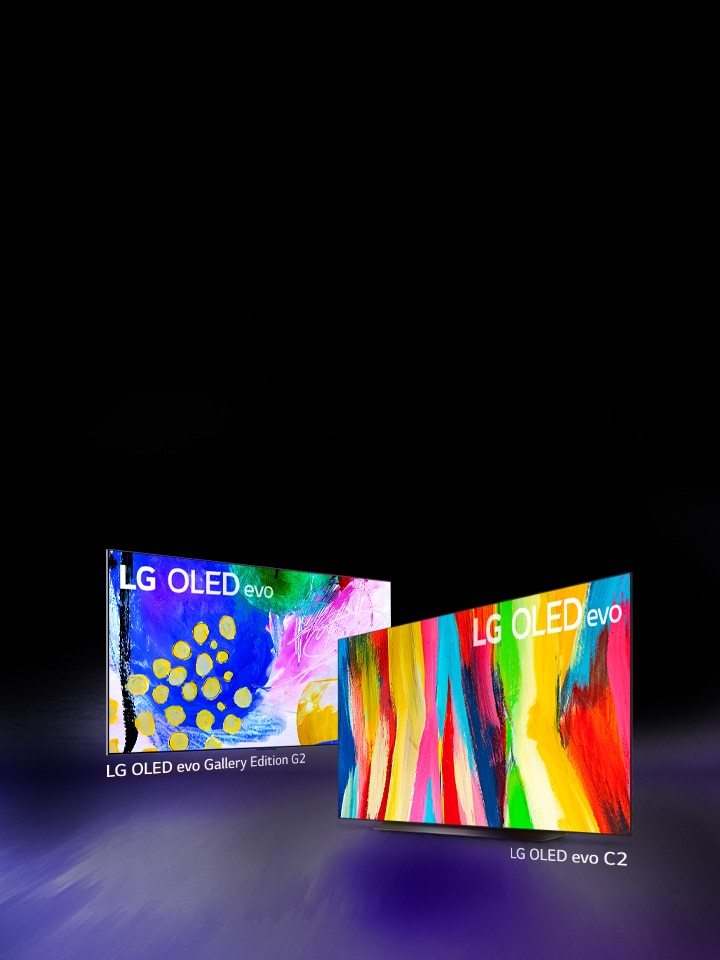 An image of the LG OLED lineup against a black backdrop standing in a triangle formation at angles with LG OLED G3 in the middle facing forward. Each TV shows a colorful and abstract artwork on screen. The "10 Years World's No.1 OLED TV" emblem is also in the image. 