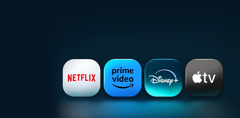 Netflix, Prime Video, Disney+ және Apple TV қосымшаларының логотиптері көк фонда қатар көрсетіледі. 