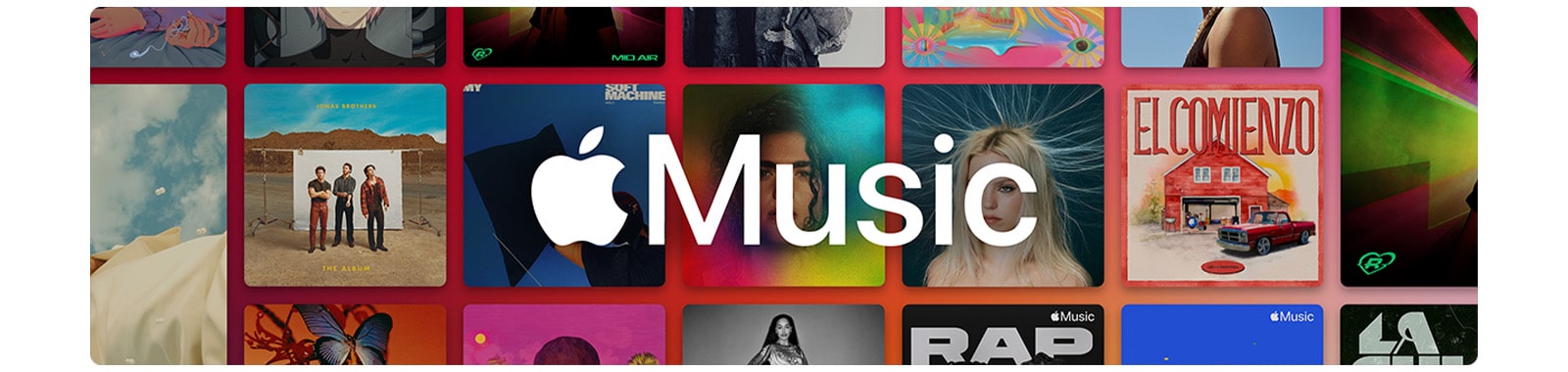 Apple Music логотипімен қапталған альбомдар торының макеті.