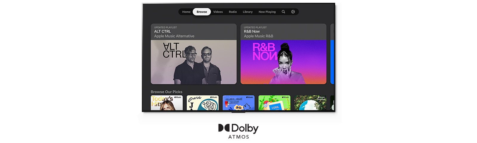 Apple Music интерфейсі төменде Dolby Atmos логотипі бар жаңартылған плейлисттер мен жеке ұсыныстарды көрсетеді.