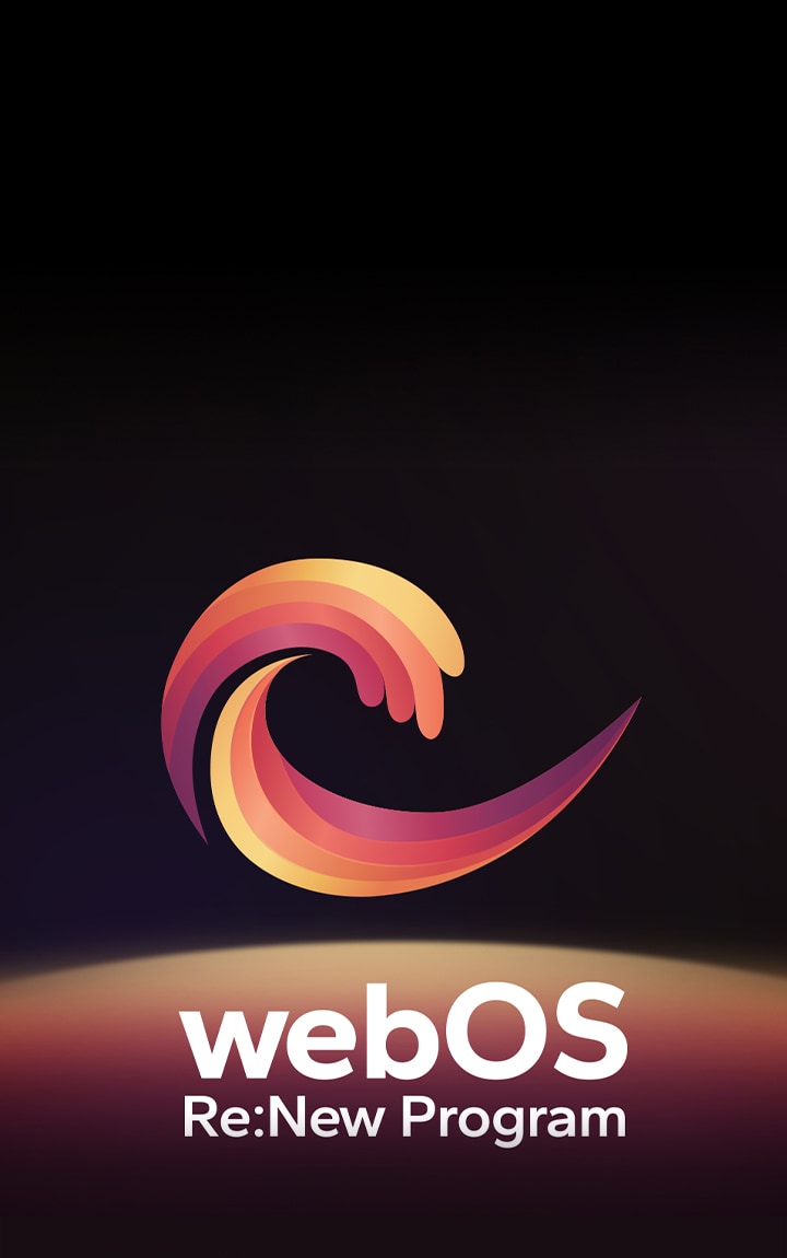 webOS логотипі қара фонның ортасында орналасып, оның астында қызыл, сары және апельсин түстерімен жарықтандырылған кеңістік көрсетілген. Логотиптің астында «webOS Re:New бағдарламасы» деген жазу бар.