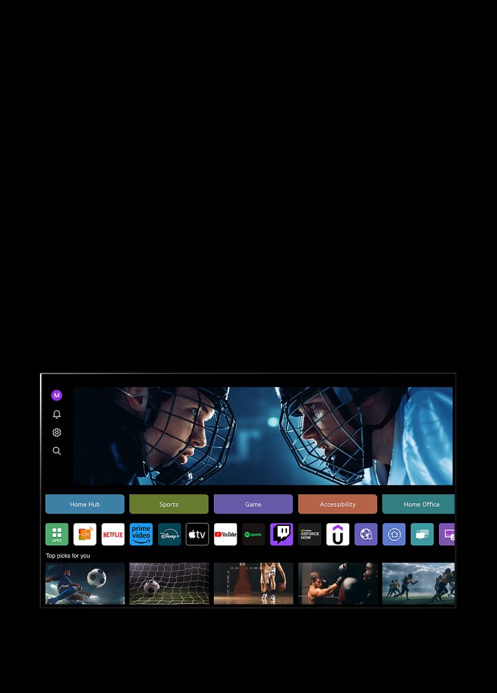Экранда LG TV-нің My Profile функциясы көрсетіледі. Жоғарғы үштен бір бөлігінде «Сезімтал керемет» баннері орналасқан. Баннердің астында келесі түймелер көрсетілген: Home Hub, Sports, Game, Accessibility, Home Office. Түймелердің астында келесі логотиптер орналасқан: LG Channels, Netflix, Prime Video, Disney+, Apple TV, YouTube, Spotify, Twitch, GeForce Now және Udemy. Логотиптерден төменірек «Сіз үшін үздік ұсыныстар» деген жазумен 5 фильм пиктограммасы көрсетілген. Курсор сол жақ жоғарғы бұрыштағы «S» инициалын басады. Ашылатын «LG аккаунты» мәзірінде бес атау көрсетіледі. Курсор екінші атқа басып, экрандағы пиктограммалар мен ұсынылған контент өзгеріп кетеді.
