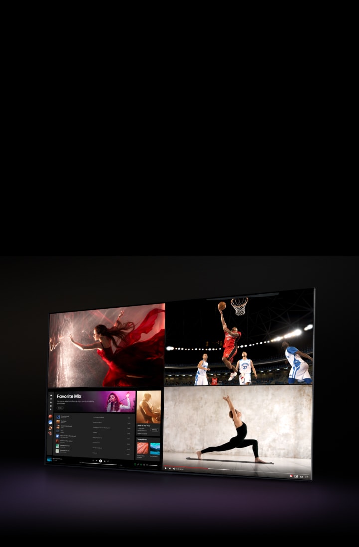 LG TV экранында фильм көрсетілуде, және экран екіге бөлінген: бір жартысында фильм, ал екінші жартысында Spotify көрсетіледі. Курсор параметрлер панелін ашу үшін «Мультишолу» түймесін басады, кейін «Тікелей эфир» түймесін басып, Spotify терезесі спорттық сахнаны көрсететін экранға ауысады. Төменде YouTube-та йога туралы бейнені көрсететін үшінші терезе пайда болады. Сосын төменде Spotify бейнесі бар төртінші терезе шығып, экранның барлық төрт бөлігінде әртүрлі контент көрсетіледі.