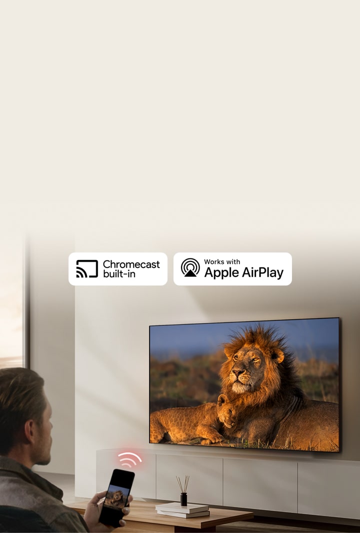 LG TV теледидары қонақ бөлмесінің қабырғасына орнатылған, экранда арыстан мен оның баласы бейнеленген. Алдыңғы жағында смартфон ұстаған ер адамның экранында да сол арыстандардың бейнесі көрсетілген. Смартфонға бағытталған үш неонды-қызыл түсті қисық сызықтардың графикалық бейнесі дәл теледидардың үстінде көрсетіледі.