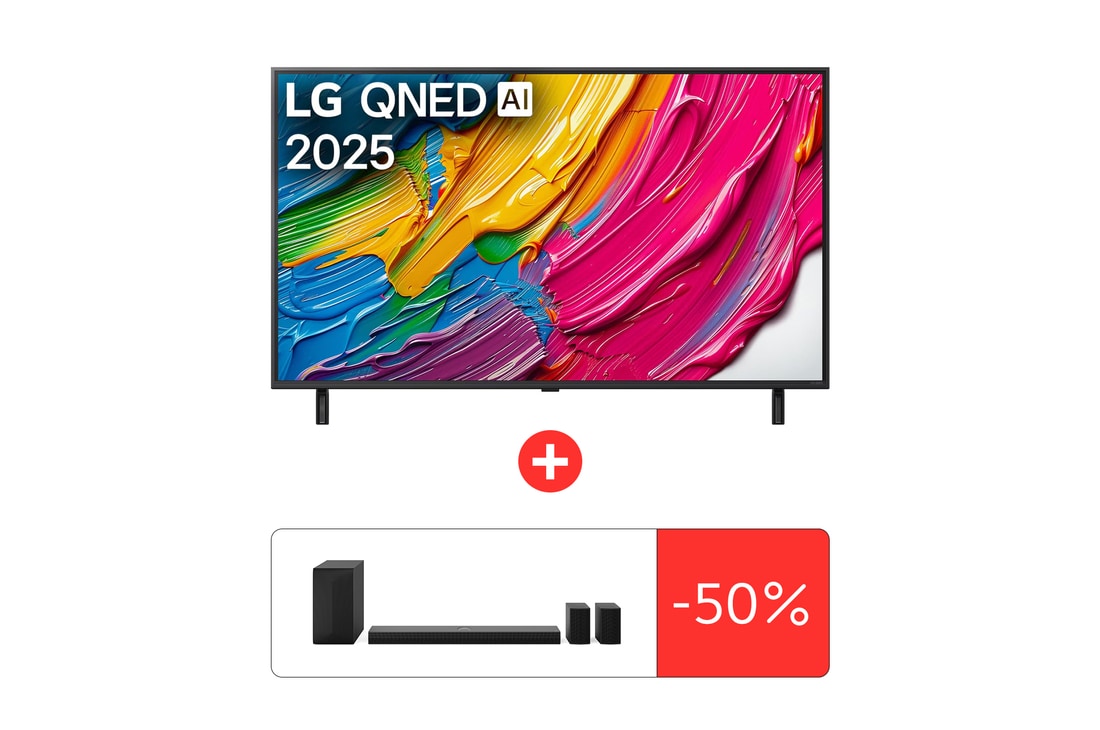 "Передний вид LG QNED80 TV, логотип LG QNED AI в верхнем углу. LG QNED TV отображает красочные текстуры, напоминающие мазки краски, сливающиеся воедино."