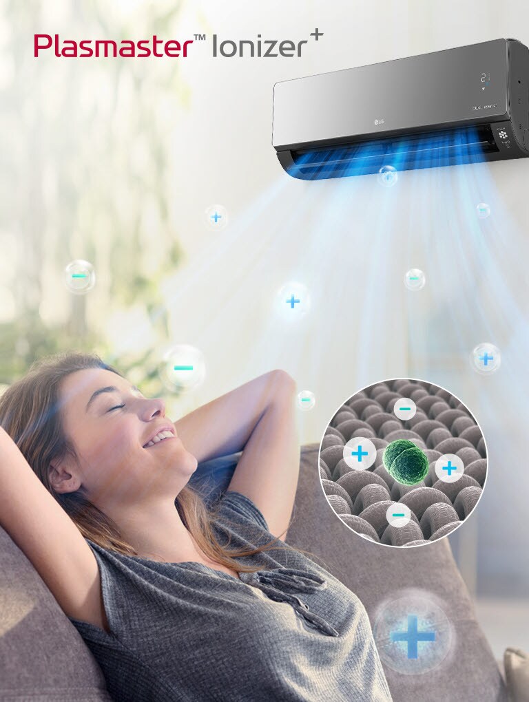 Plasmaster ионизаторы бар LG Artcool Mirror AC12BK таза ауа шығарады